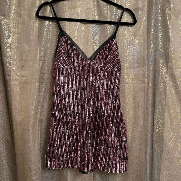 Victorias Secret Black Pink Sparkly Sequin Striped Slip Mini Babydoll Dress Smal - Picture 1 of 9